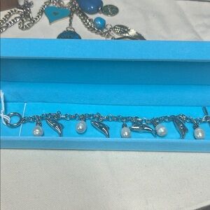 925 Silver Bracelet with dolphin and Pearl charms Italy